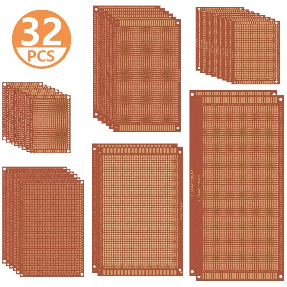 

32 Pcs Single Sided PCB Board Prototype Kit 6 Sizes Universal Printed Circuit Protoboard for DIY Soldering Project for Arduino