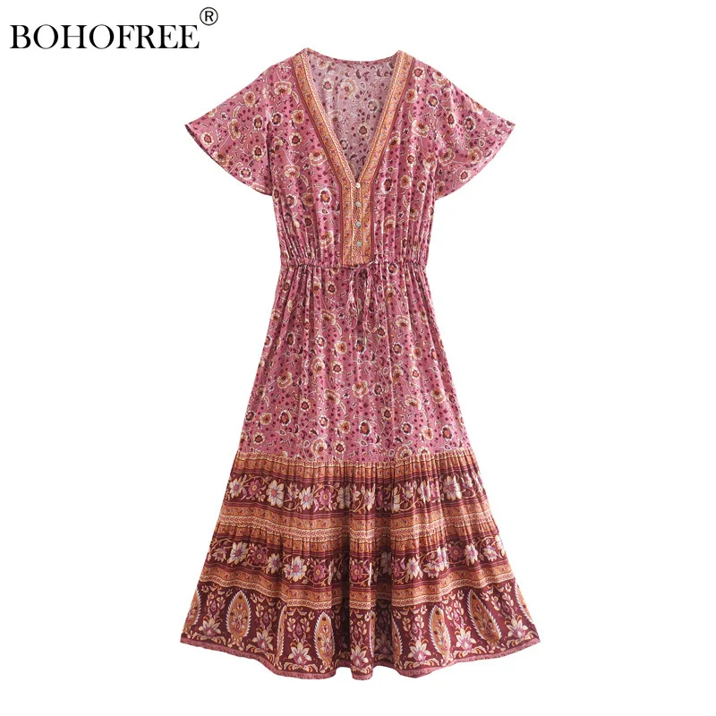 

Boho Maxi Hippie Dress V Neck Short Sleeve Rayon Cotton Bohemian Vestidos Beach Wear Holiday Sundress Printed Dresses Women