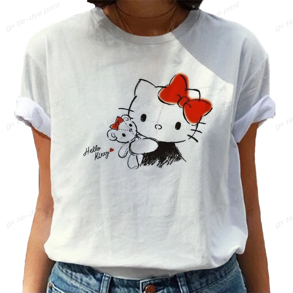 

Модная женская футболка в стиле Харадзюку Kawaii, женская футболка Ullzang, Повседневная футболка с принтом Hello Kitty, Милая женская футболка с мультяшным принтом