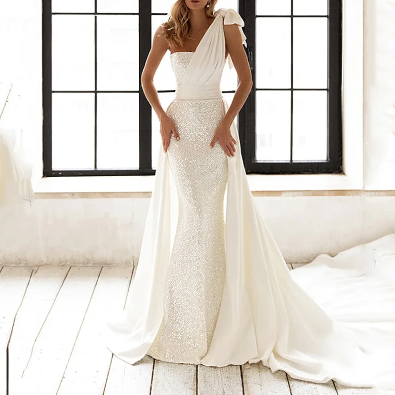 

PAFFAS Fashion White Long Dresses Women Casual V-neck Sleeveless Sequins Cross Evening Party Princess Bridal Gown Dress Robe