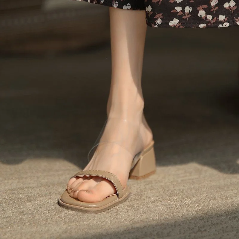 Women Transparent PVC Sandals Ladies High Heel Pumps Slippers Open Toes Thick Heel Fashion Female Slides Summer Slippers Female