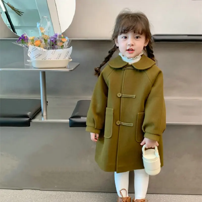

Woolen Jacket for Girl Green Winter Korean Teenager Girls Wool Coats Mid-Length New Year Clothes Childrens Clothing 2-6Y Autumn