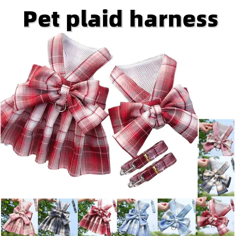 Pet Dog Dress Skirt with Harness Leash Kit Dog Cat Vest Type Traction Clothes Small Dog Party Birthday Wedding Bowknot Dress
