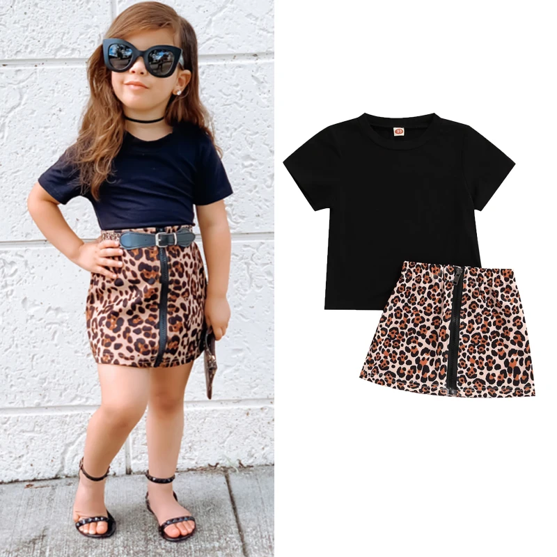 

Летние комплекты одежды для девочек, черная футболка с коротким рукавом + юбка на молнии с леопардовым принтом