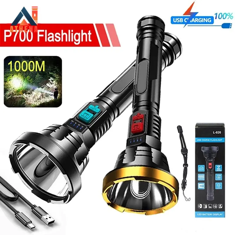 

Светодиодный фонарик P700, суперъяркий, перезаряжаемый от Usb, мощный яркий фонарик, уличный водонепроницаемый фонарик высокой мощности для ке...