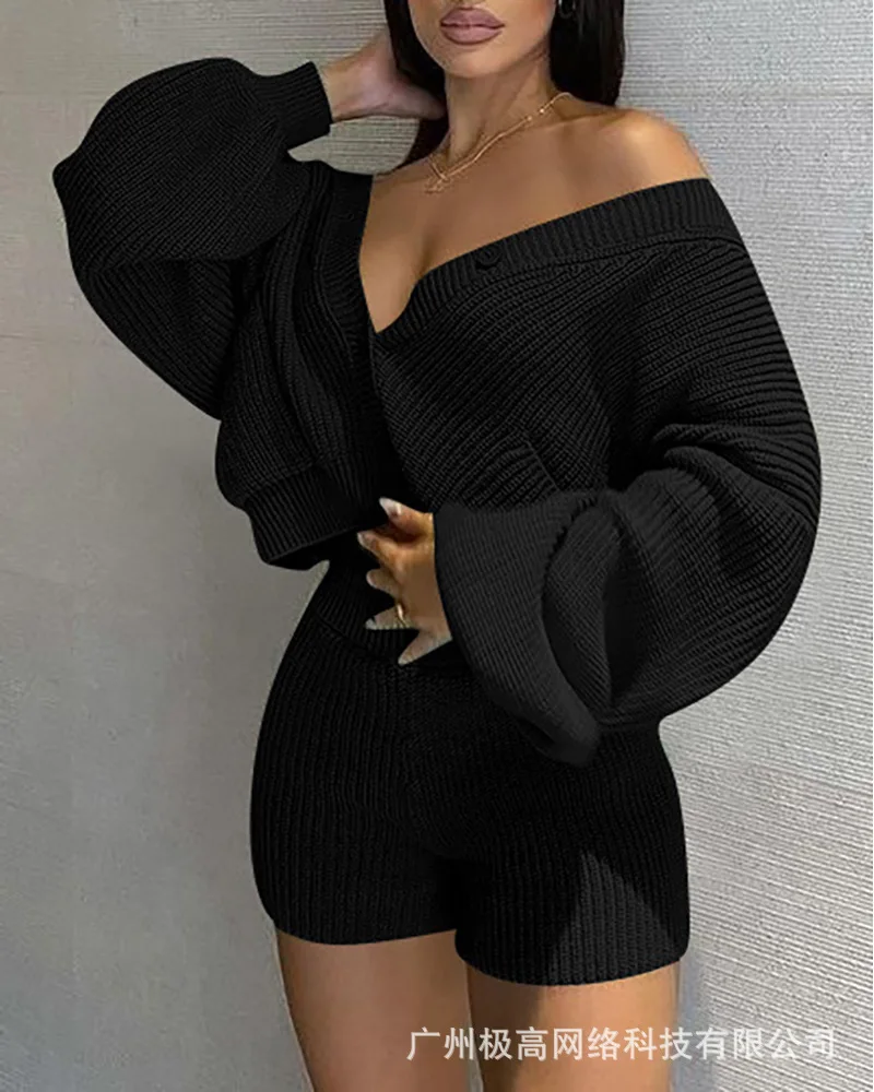 

Women Clothes Set Solid Color Loose V Neck Long Sleeve Pullover Sweater Knitwear High Waist Shorts Pants Sexy Fashion