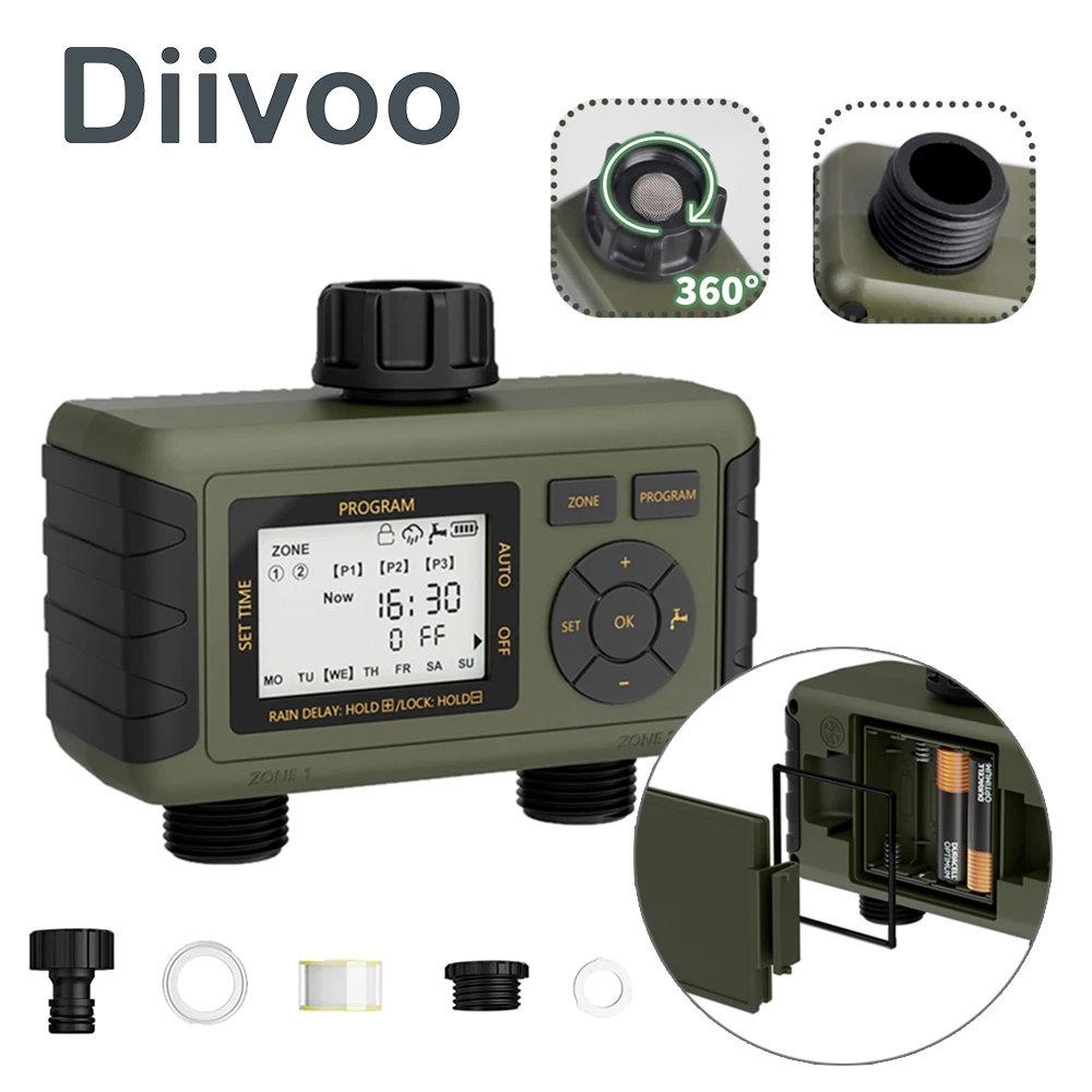 Diivoo 2 Zone Drip lrrigation Water Timer, Multi-Functional Irrigation Timer with Rain Delay & Manual Watering for Garden, Lawn