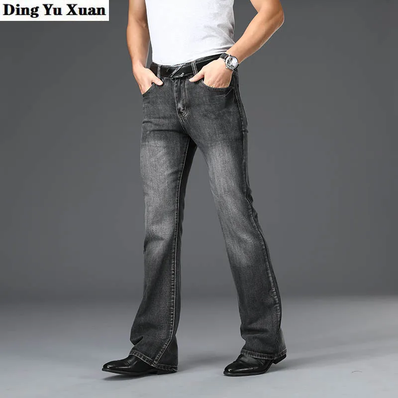 

Мужские черные, серые, синие расклешенные джинсы с колокольчиком, мужские модные корейские расклешенные джинсы с высокой талией, свободные джинсовые брюки с вырезами