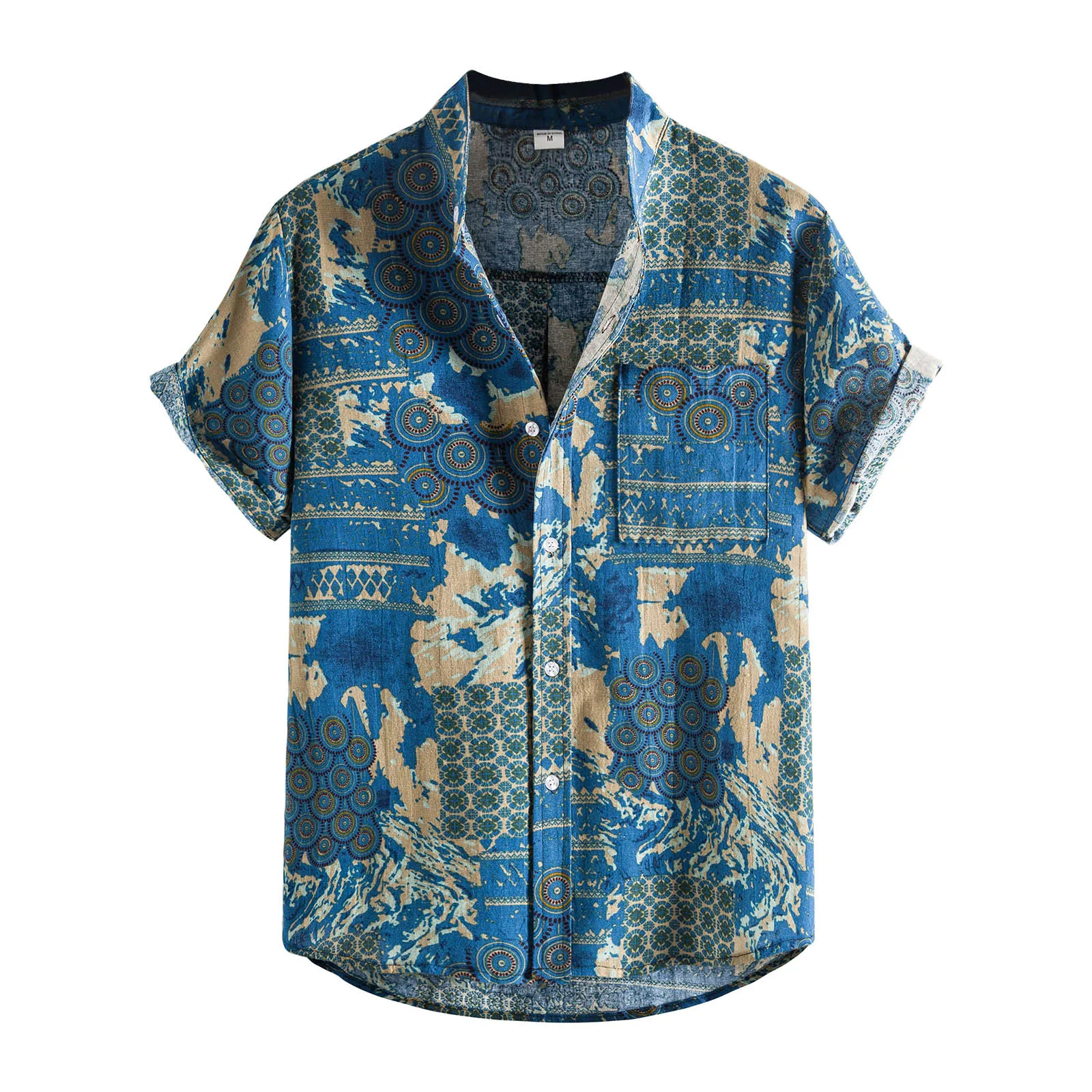 

Гавайская рубашка мужская с коротким рукавом, хлопковая блуза с отложным воротником и принтом, винтажная Этническая сорочка из хлопка и льна, на лето