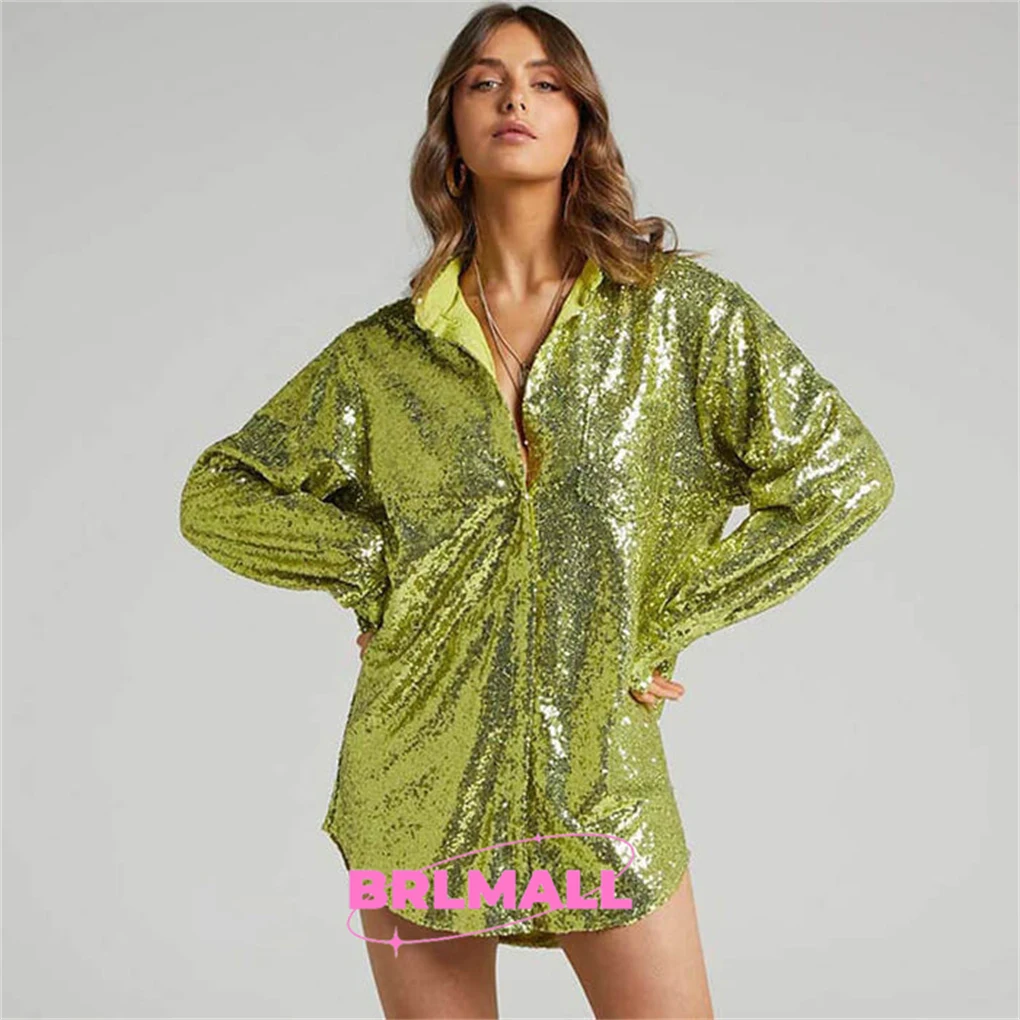 Fashion Sequined Shirt Jacket Green Glow Outfit Casual Beach Blazer For Women Party Prom Pool Outfit