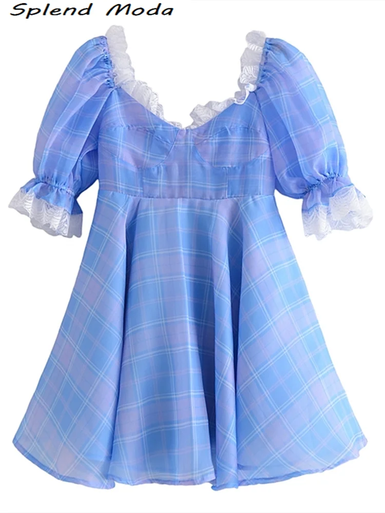 

Женское клетчатое мини-платье из органзы, с пышными рукавами