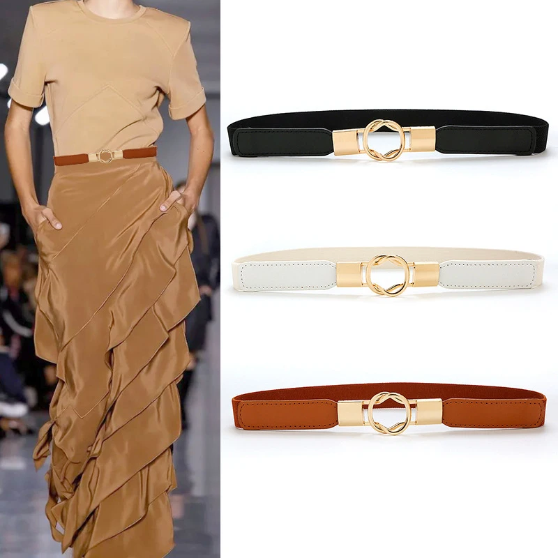 

Fashion Metal Buckle Thin Stretchy Waist Belt Striped Elastic Waistband Elegant Women Girdle Accessories Female Belt