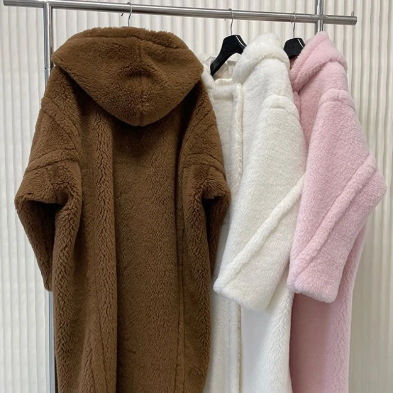 Hooded Teddy Bear Coat Woman Winter Long White Coat Loose Thick Alpaca Coat Female Large Lapel Warm Coat Fashion Casual Coat