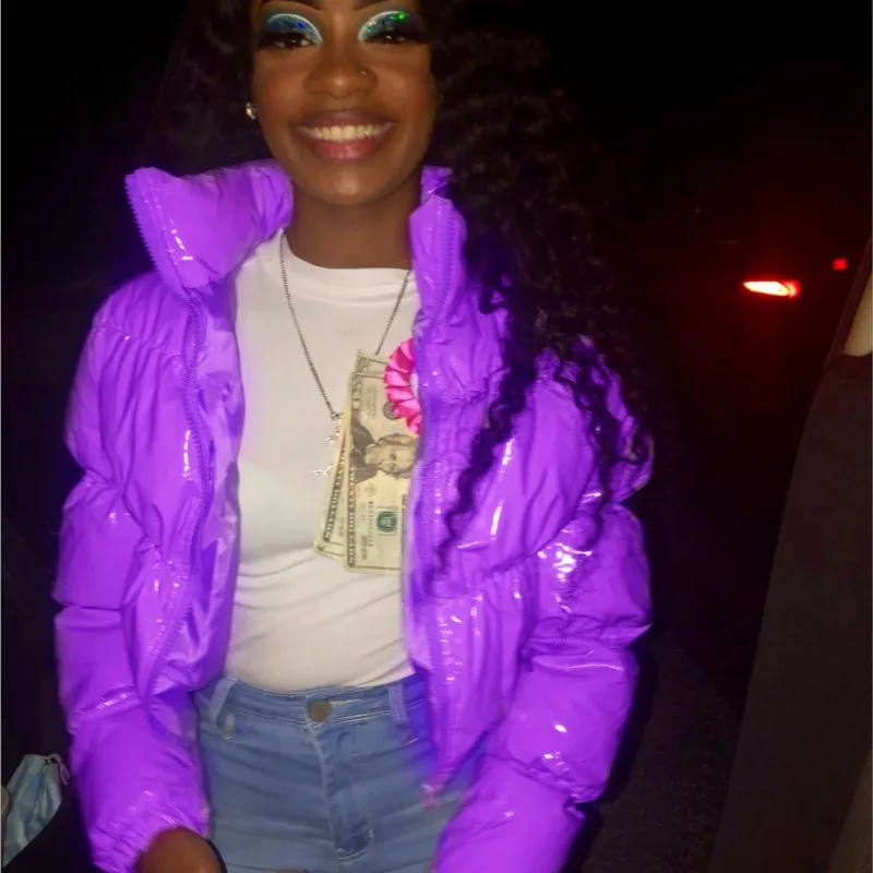 Осень-зима женские яркие куртки-пуховики из искусственной кожи теплое