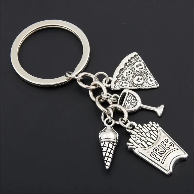 

Food Pizza Red Wine Tall Glass French Fries Ice Cream Gourmet Key Chain Women Jewelry Accessories Pendant Gifts Fashion