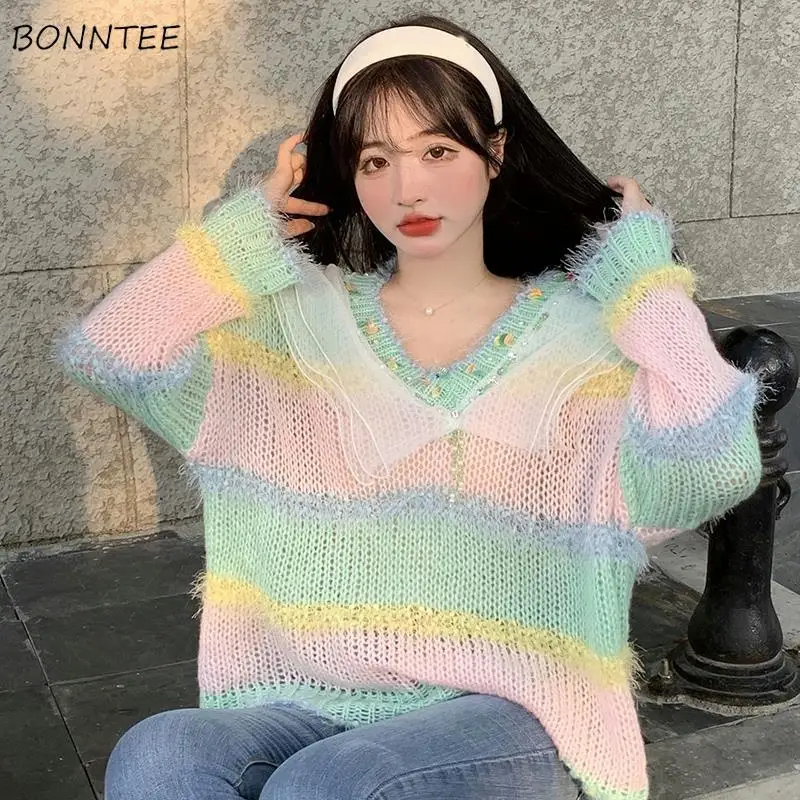

Pullovers Women Lovely Stretchy Ulzzang V-neck Patchwork Design Cute Ladies Spring Autumn All-match Loose-fitting Sweater Knit