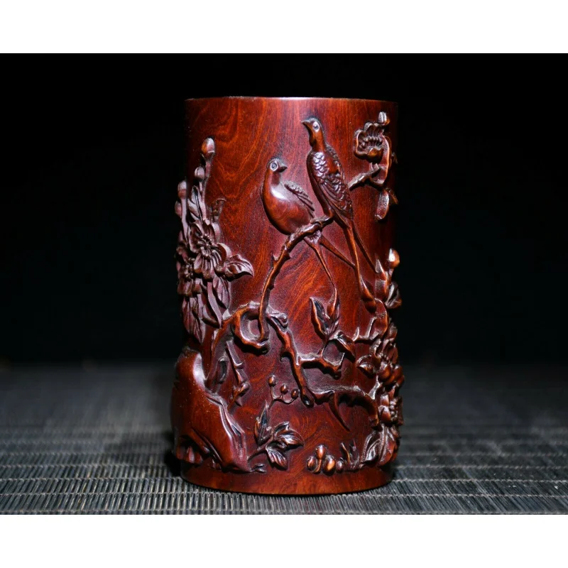 Chinese Natural Boxwood Hand Carved Delicate Flower and Bird Pen Holder ， 100*55mm