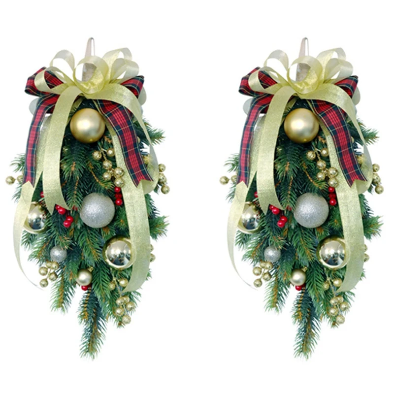 

2X Christmas Swag Teardrop Door Artificial Pine Needles With Red Berry For Holiday Christmas Wall Hanging Decor