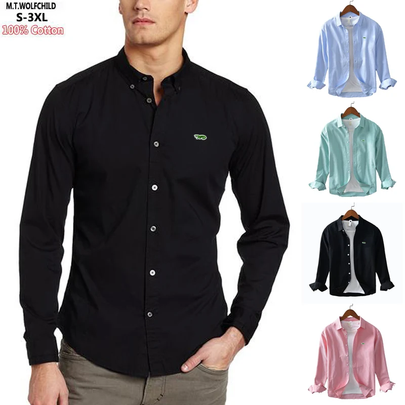 Spring Autumn Men's Shirt Embroidery-Logo Oxford Cotton Casual Long Sleeve Men Shirts Fit Slim Solid Blouse  Male Clothing Tops
