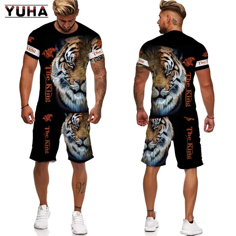 YUHA-Camiseta y pantalones cortos с 3D принтом тигра Кинг для мужчин и женщин костюм унисекс топы