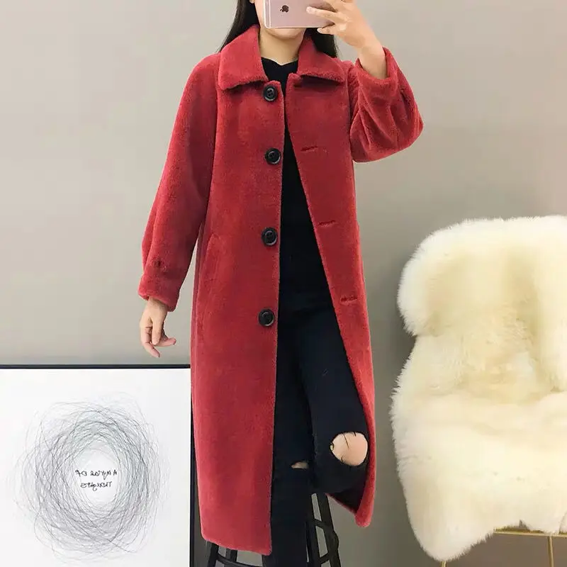 

2022 Women Winter Fashion Long Sheep Shearing Coats Female Single Breasted Warm Jackets Ladies Real Lamb Fur Overcoats R450