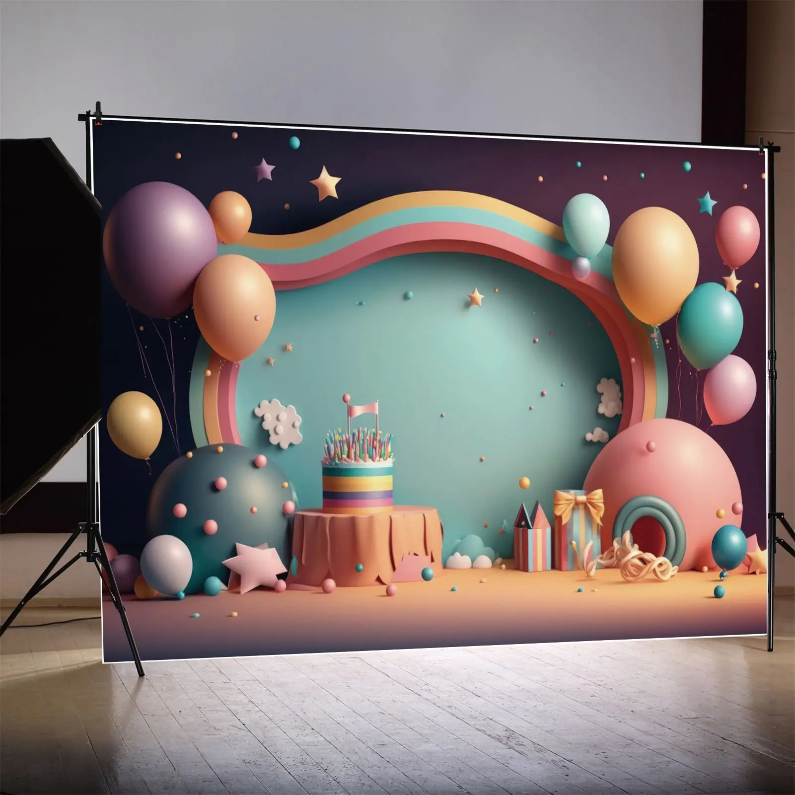 

Birthday Party Backdrops Photography Cream Balloon Arch Stars Wall Customized Children Photo Background Photoshoot Props