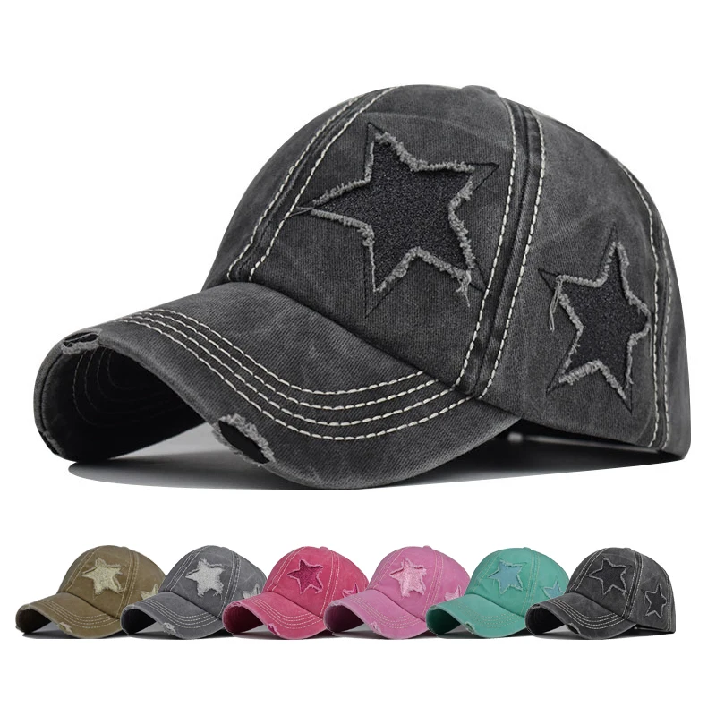 

Baseball Cap Snapback Hat Star Pattern Horsetail Cap Hip Hop Fitted Washed Vintage Cap Hats for Men Women Grinding Multicolor