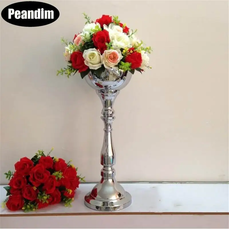 

PEANDIM European Silver Flower Vase 55cm Tall Table Flower Holder Wedding Event Party Flower Stand Home Decor Candlestick 10pcs
