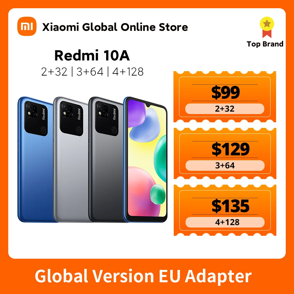 

Global Version Xiaomi Redmi 10A 2GB 32GB MTK Helio G25 Octa Core 13MP Camera 5000mAh Battery 10W Fast Charging 6.53” Display