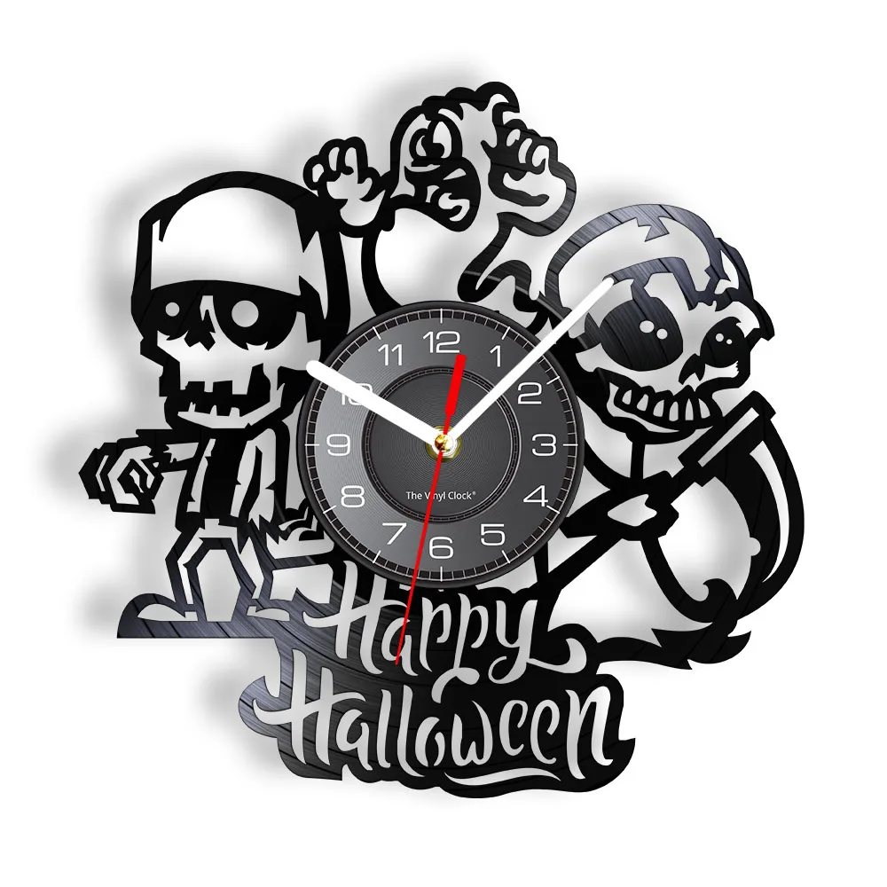 Happy Halloween Night Wall Decorative Vinyl Record Wall Clock Skull Skeleton & Ghost Vintage Clock Wall Watch Horror Decoration