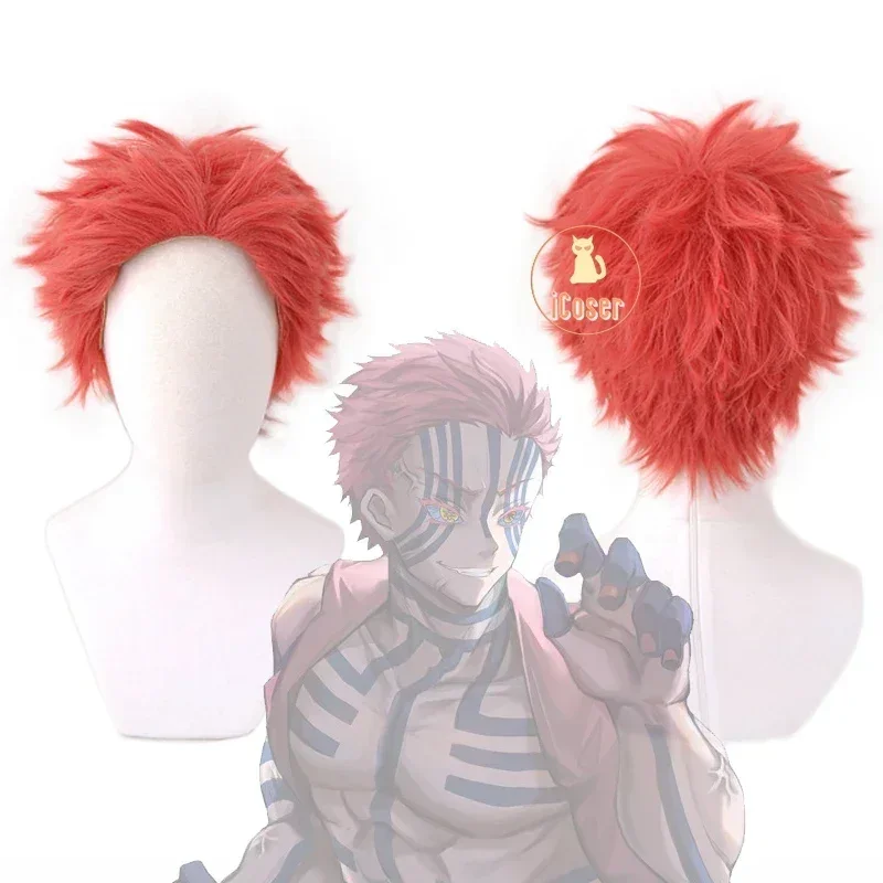 2025 Новый аниме Akaza Косплей Короткий ярко-розовый парик Kimetsu no Yaiba Термостойкие