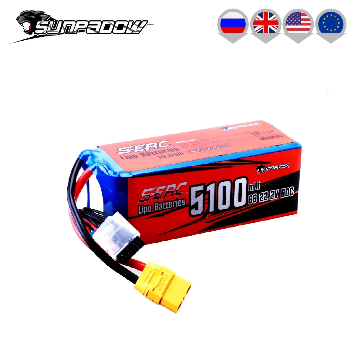 SUNPADOW 5100mAh 6S Lipo Battery 22.2V 60C with XT90 Connector for RC Airplane Helicopter Drone FPV Quadcopter Boat Model Racing