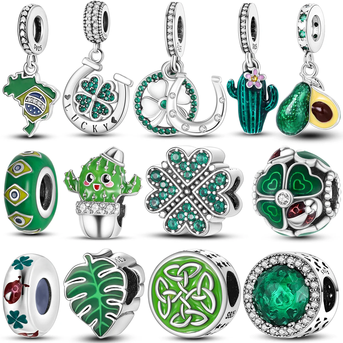 

925 Sterling Silver Green Series Tree Cactus Avocado Pendant DIY Charm Beads Fit Original Pandora Charms Bracelet Women Jewelry