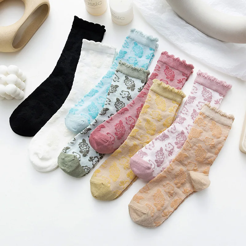 

Harajuku Vintage Embroidery Socks with Ruffles Spring Summer Japanese Style Sheer Socks Foundation Cotton Medium Tube Long Socks