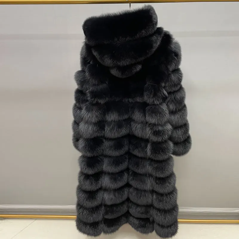 

rf23104 Woman's Real Fox Fur Overcoat with Hoodie