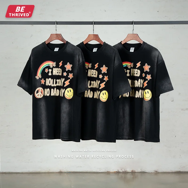 

BE Menswear| Summer 2022 Washed And Distressed Rainbow Smiley Letter Print Short-sleeved European And American Trendy T-shirt