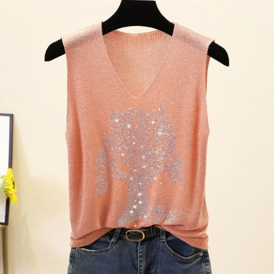 Женская летняя майка-жилет с V-образным вырезом и кристаллами |