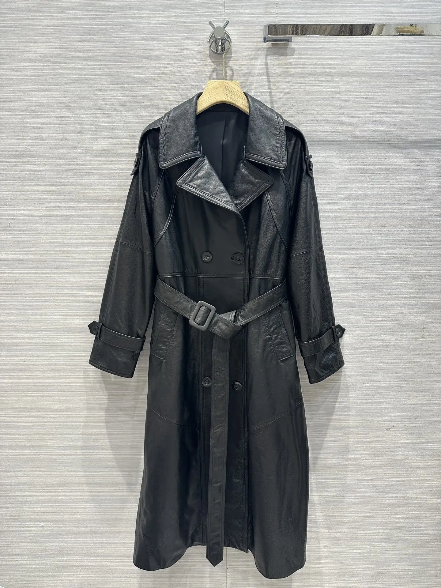 

Женский двубортный тренчкот из воловьей кожи, длинный тренчкот с отложным воротником и поясом, Осень-зима 2023