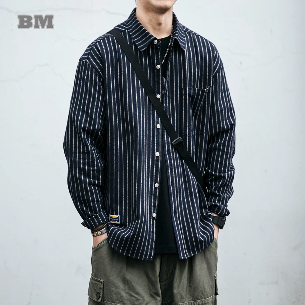 

Мужская рубашка в полоску, повседневная классическая рубашка в японском стиле Харадзюку, с длинным рукавом, уличная одежда, 2022
