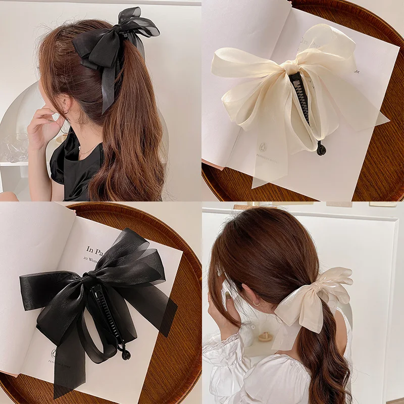 

Solid Color Net Yarn Ponytail Hair Clip Ribbon Bow Banana Vertical Hair Clips Multi-layer Bowknot Hairpin Sweet Hair Accessories