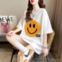 summer new cotton design casual smiley embroidered mid length t shirt women