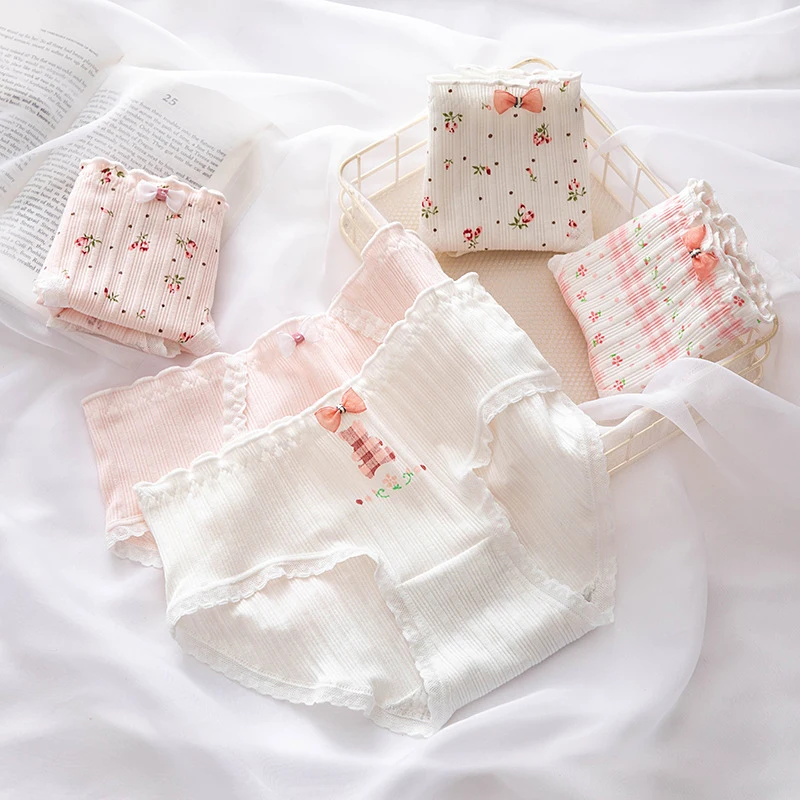 

5pcs / Set M-XL Cotton Panties Women's Underwear Sexy Lace Underpants Girl Thread Broken Flower Briefs Female Lingerie