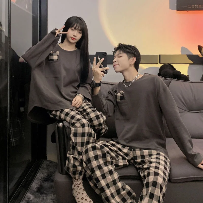 

Cotton Sleepwear Couple Plaid Pants Pajama Women Autumn Pyjama 2 Piece Bedroom Set Pijama Long Sleeve Loungewear Nightwear