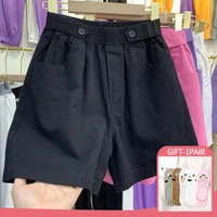 womens summer shorts korean style candy solid color casual wide leg button fly high waist shorts women with gitfs
