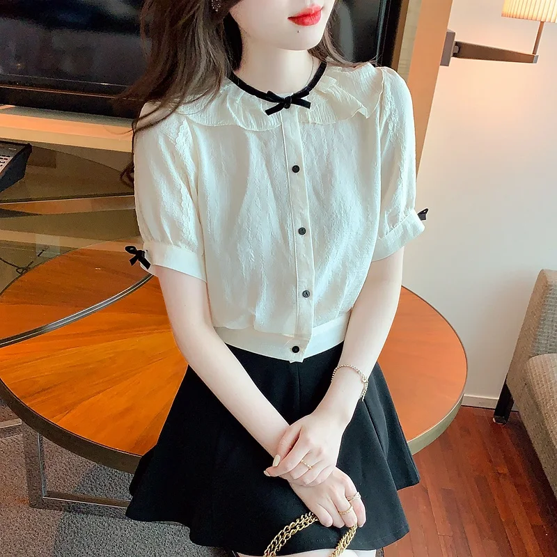 Женская летняя повседневная Тонкая блузка модная новинка 2023 рубашка с коротким