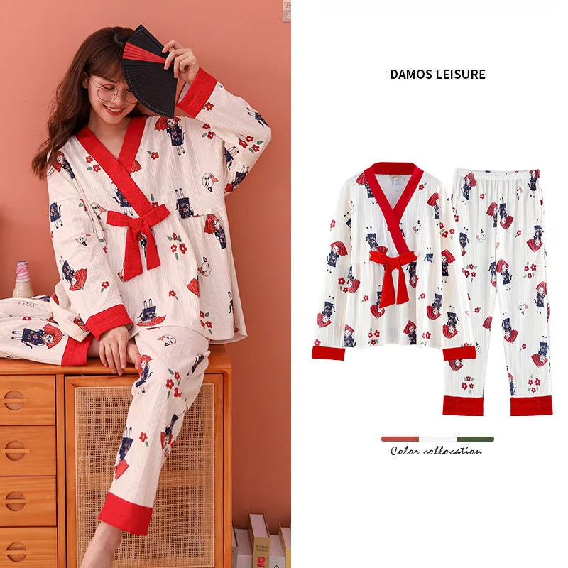 

Autumn Women Pajamas long-sleeved cotton student cute cartoon ladies loose Japanese suit Sleepwear Night Home Clothes Pajamas