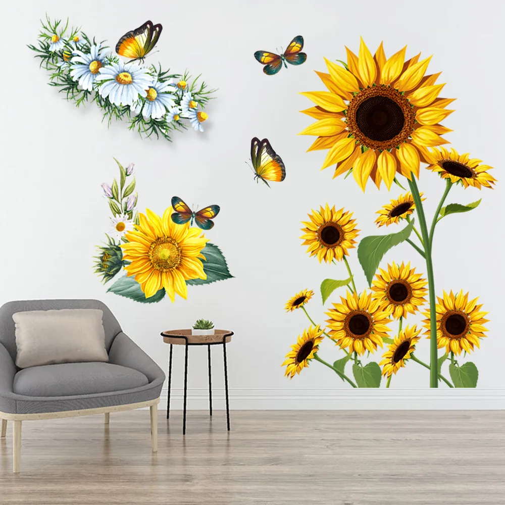 

Sunflower Butterfly Wall Sticker Chrysanthemum Living Room Bedroom Kitchen Home Decor Wallpaper Kid's Room Flower Decal Mural
