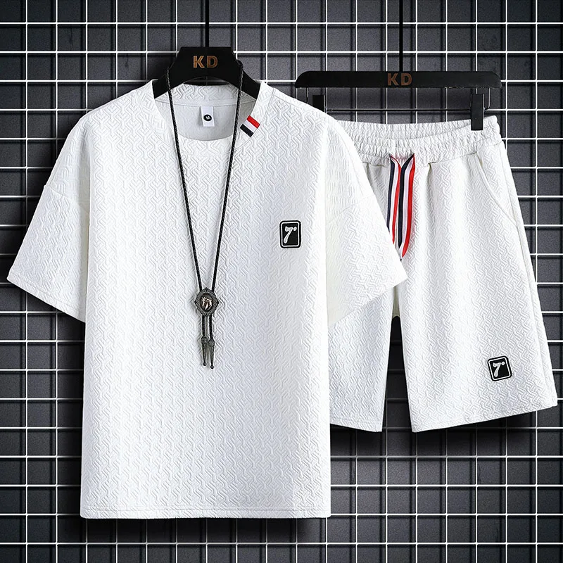 Men's Summer Thin Short-Sleeved Shorts Men's Waffle Shorts Suit Sports Fashion Brand Loose Casual Shorts