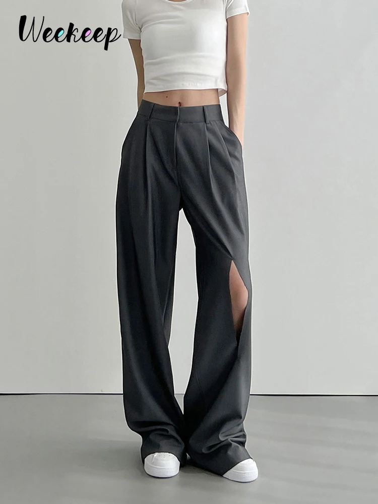 

Weekeep Casual Cutout Suit Pants Chic Streetwear Women High Waist Baggy Cargo Pants y2k Harajuku Korean Fashion Straight Trouser