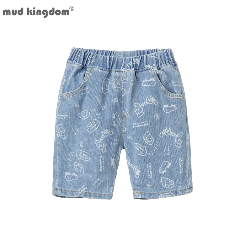 

Mudkingdom Vintage Boys Denim Shorts Cute Cartoon Printing Elastic Waist Pocket Short Pants for Toddler Clothes Summer Beach